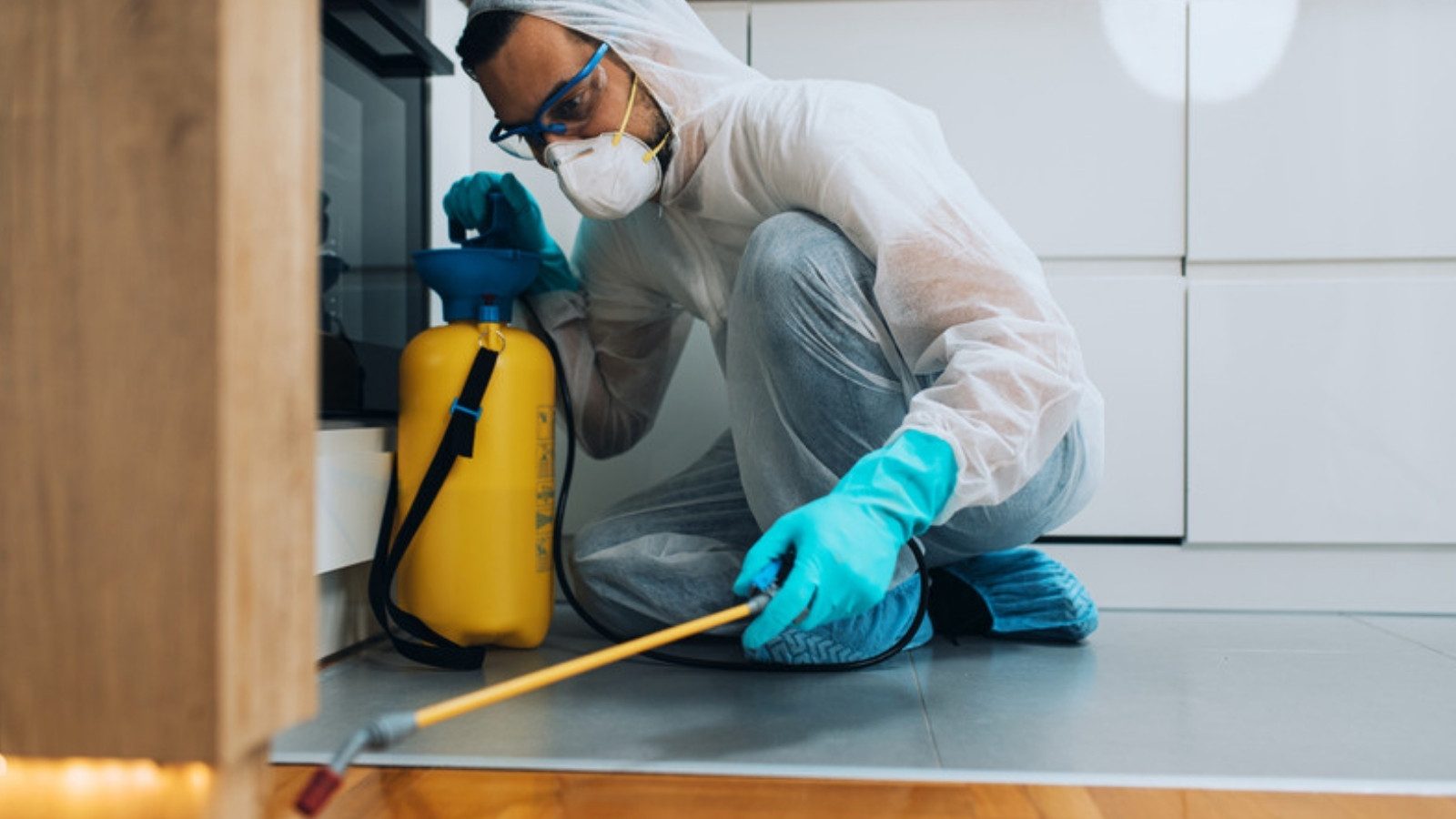 A pest control technician treating a kitchen floor
