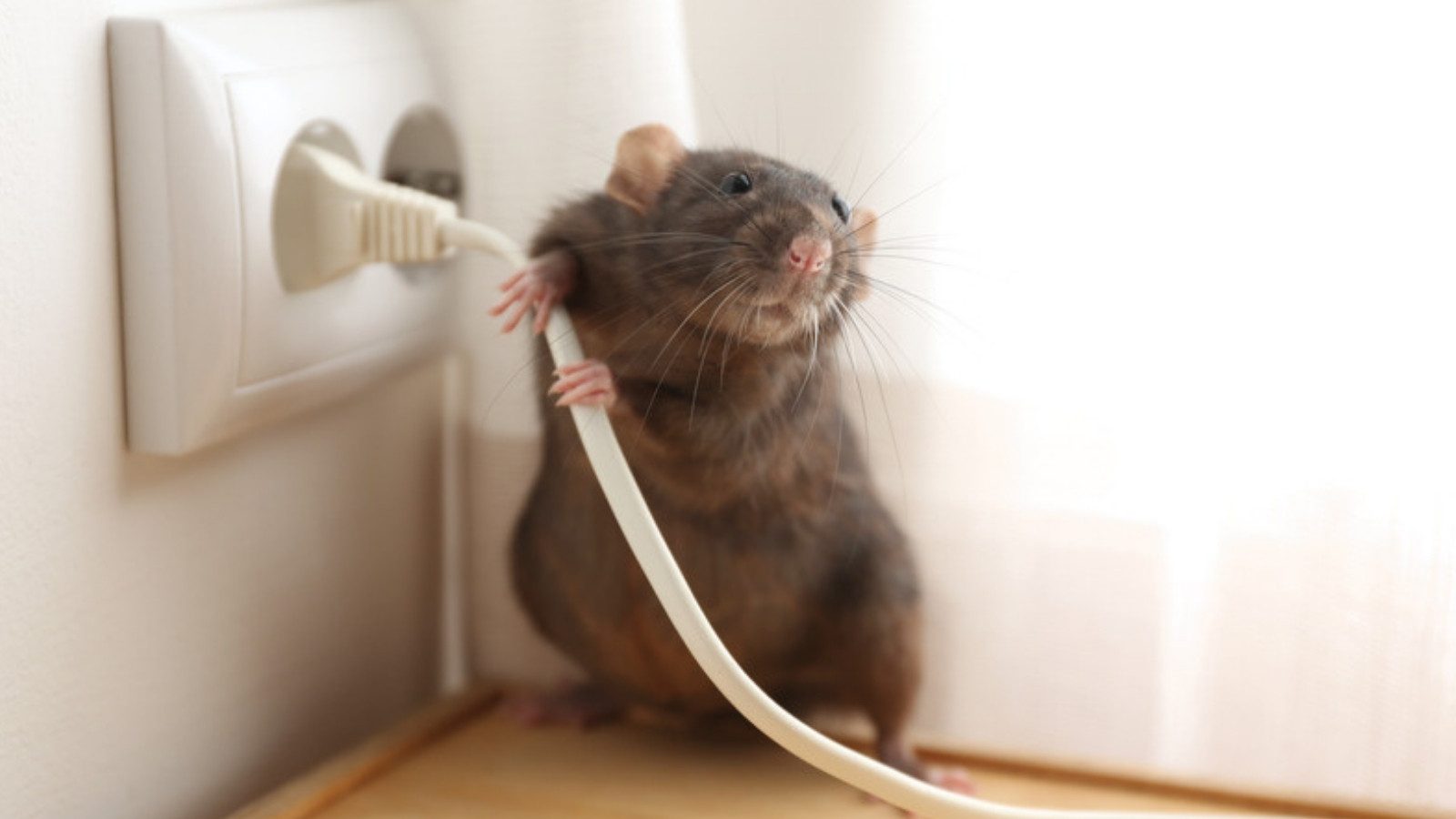 A rat chewing a cable near a power socket